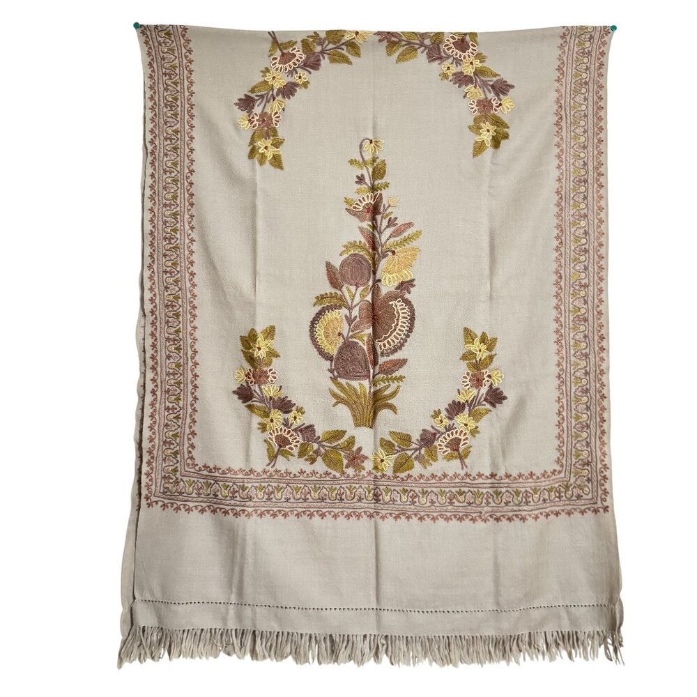 Pashmina Shawl/Scarf Cashmere Wool Womens Gray Embroidered Floral Size 71 x 28" - Picture 1 of 6